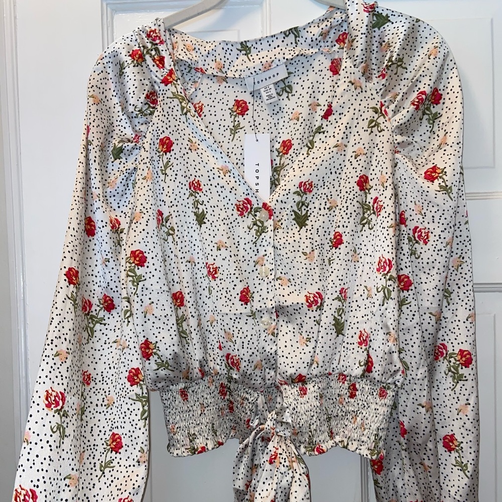 Cream Satin Floral Shirt With Tie